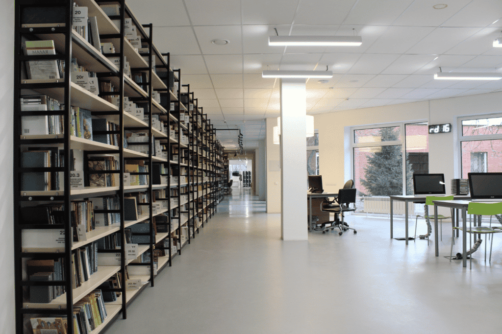 A well-maintained municipal library, showcasing the effectiveness of building cleaning services