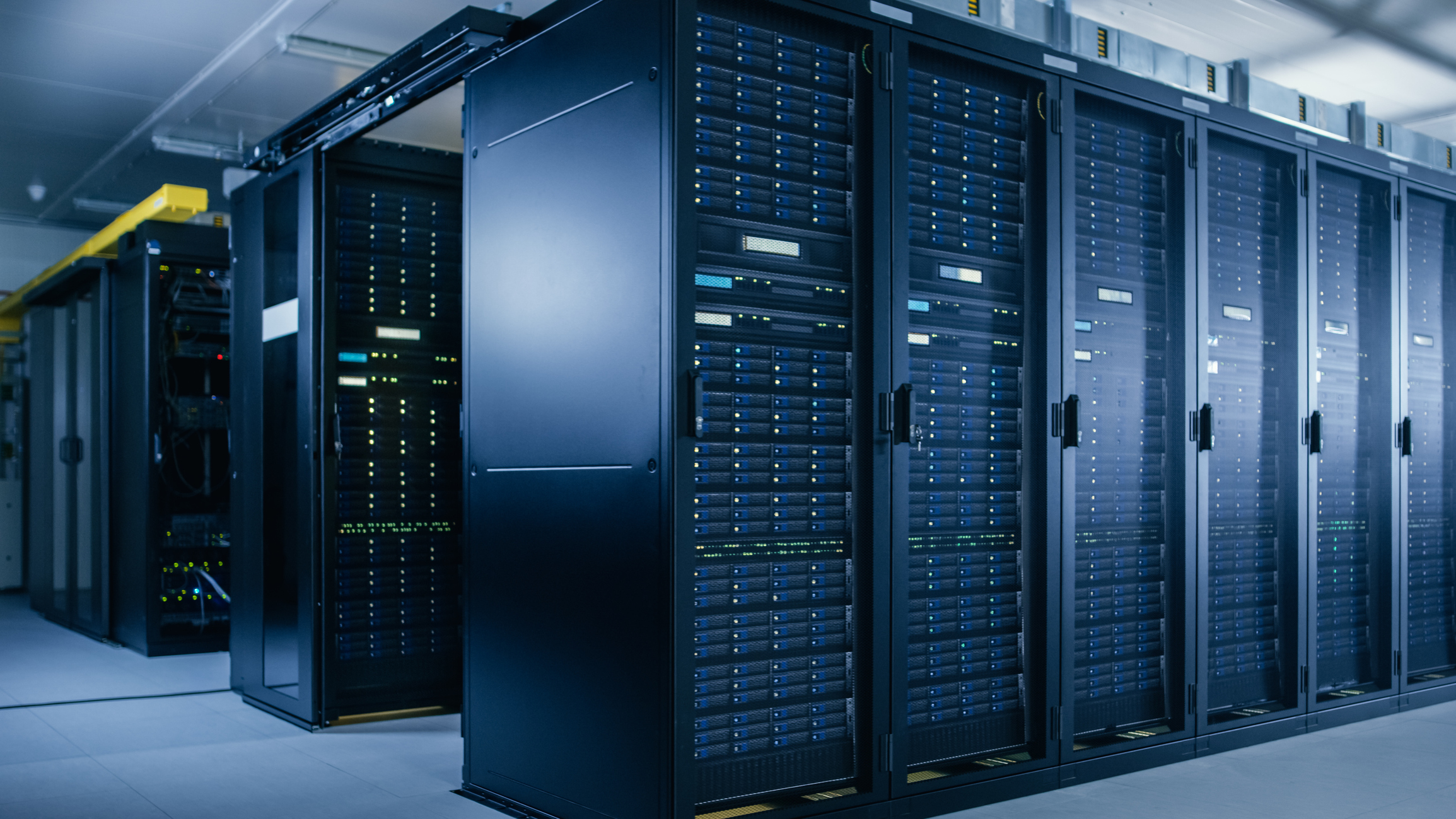 Shot of Data Center With Multiple Rows of Fully Operational Server Racks. Modern Telecommunications, Cloud Computing, Artificial Intelligence, Database, Super Computer Technology Concept